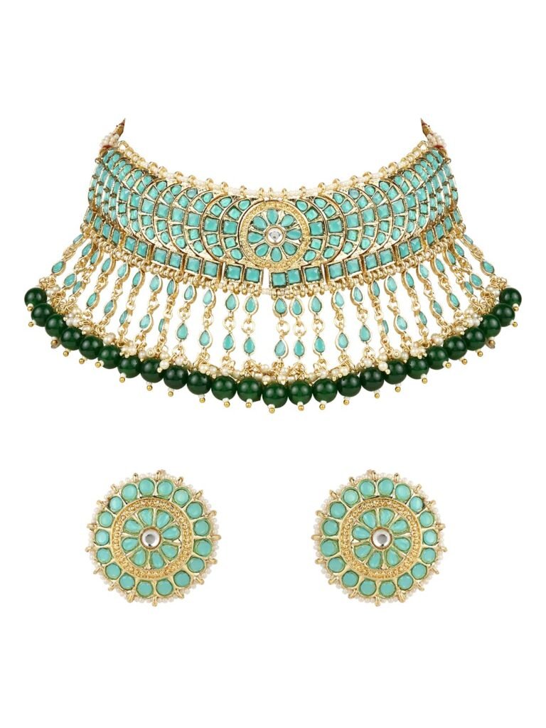 Necklace Design : Gold Tone Kundan & Pearls Bridal Choker Necklace Set