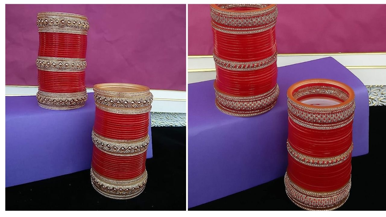 Bangle Design : Red Designer Bridal Chooda For Wedding Season 4 Gold Plated Jewelry Set