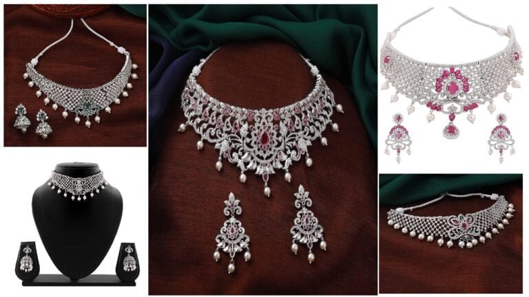 Rhodium Plated  Traditional Bridal Choker Set With Pearls & Crystals for Women