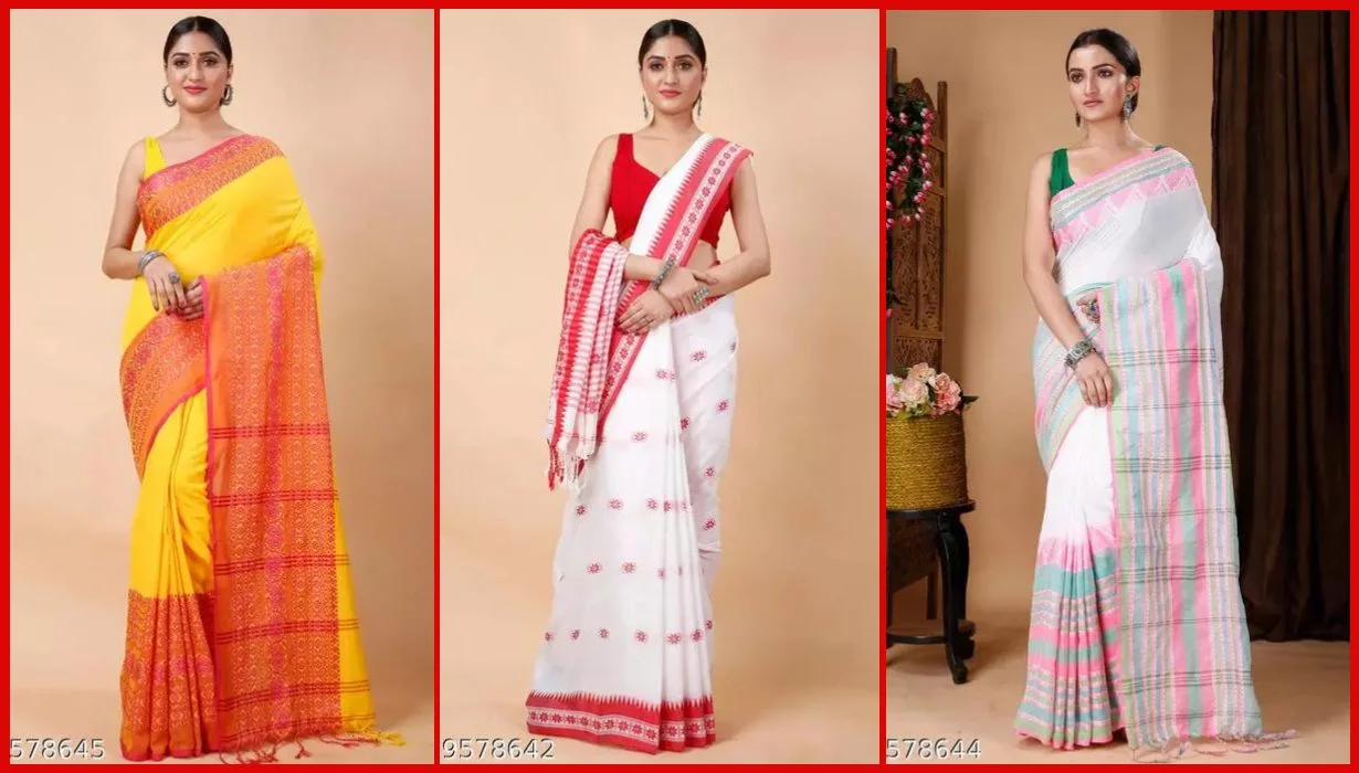 Saree Design : Beautiful Cotton Silk Sarees For Durga Puja 4 Cotton silk Sarees For Durga Puja