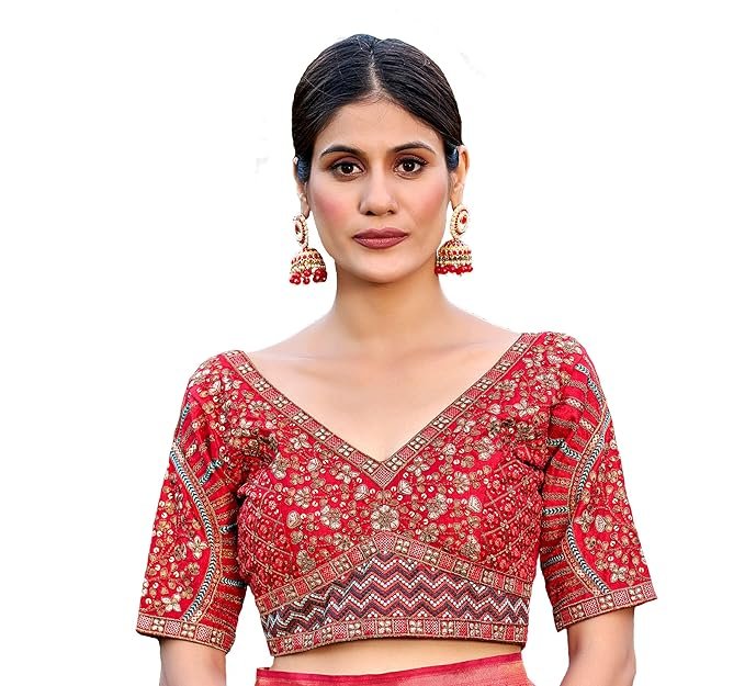 V Neck Red Blouse Designs 