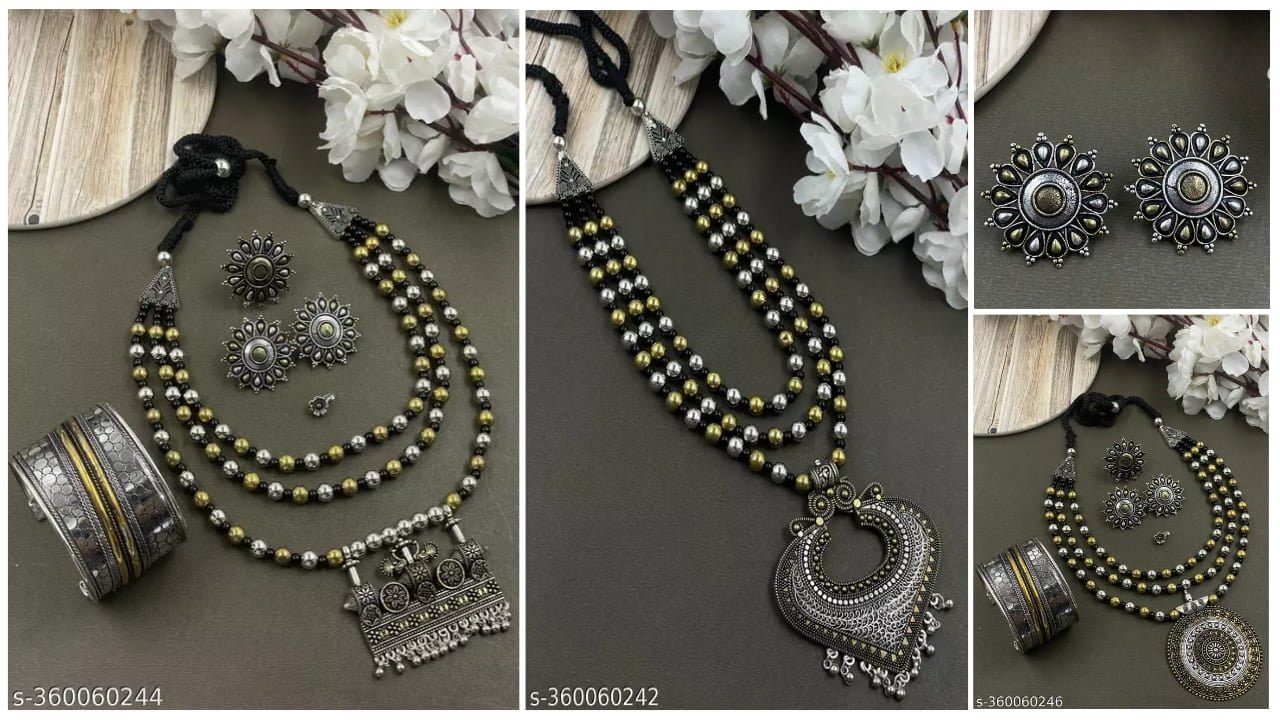 Elevate Your Style with a Beautiful Oxidised Dual Tone Mala Set 3 Beautiful Oxidise Dual tone Mala set with stud