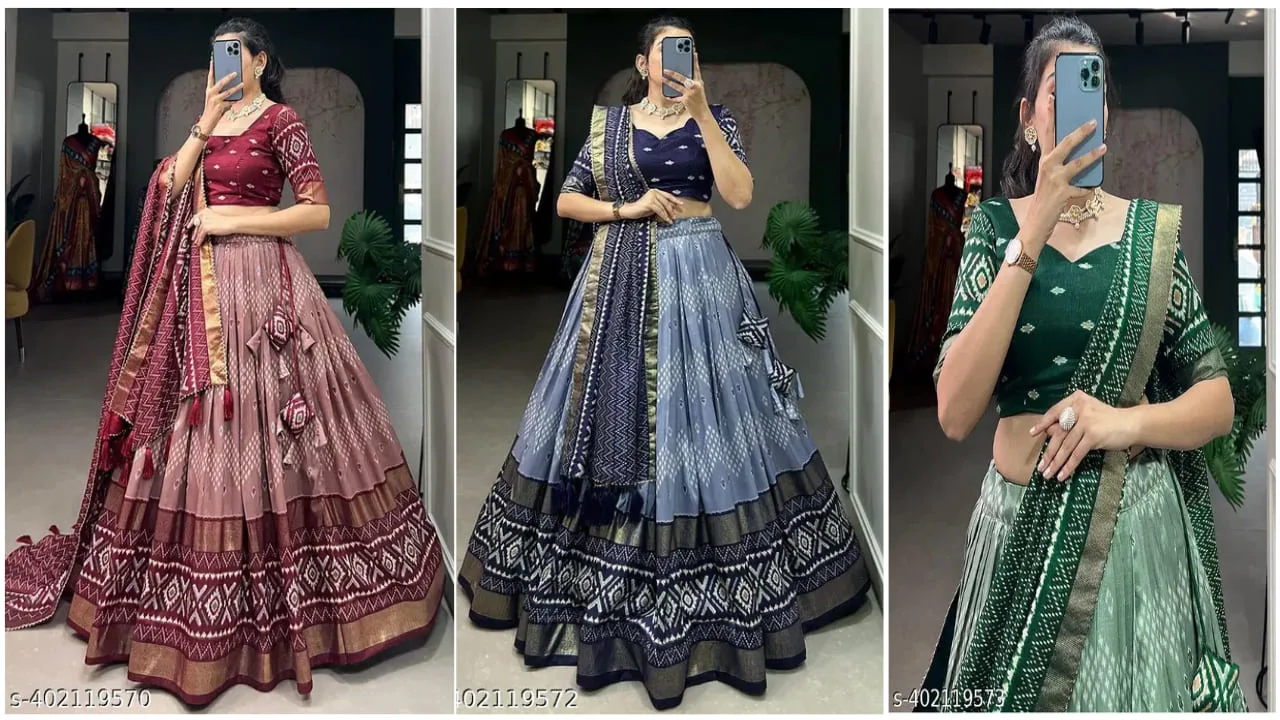 New Dot and Ikkat Print Tussar Silk Lehenga Choli for Girls 4 New Dot and Ikkat Print Tussar Silk Lehenga Choli for Girls