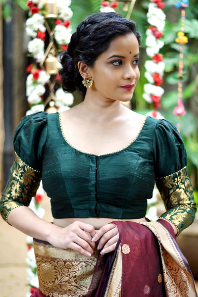 Sacramento green rawsilk U neck blouse Design with brocade sleeve