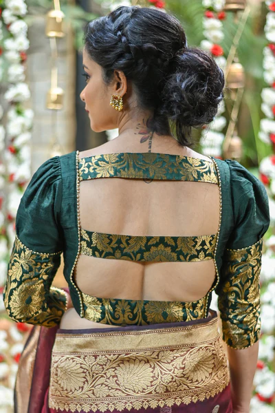 Sacramento green rawsilk U neck blouse with brocade sleeve