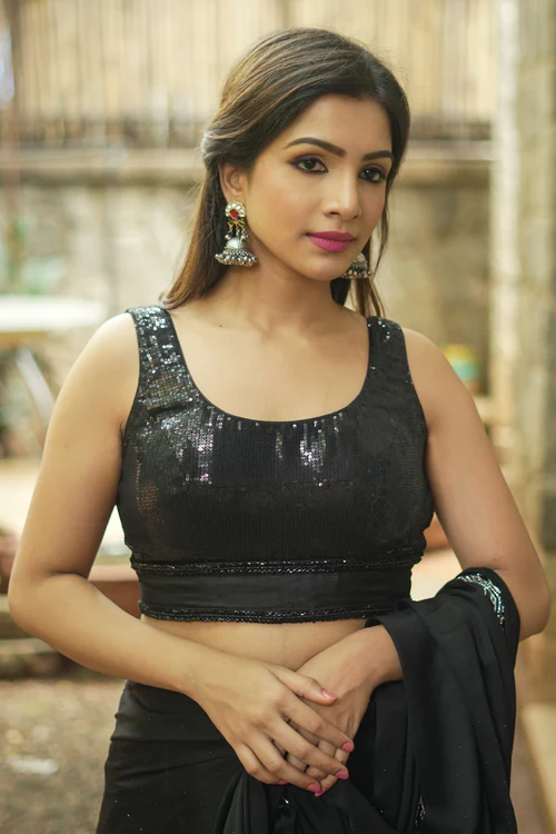 Black sequin U neck blouse Design