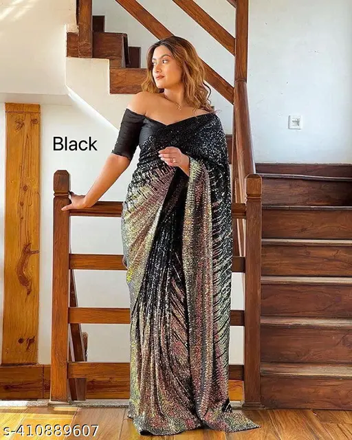 black Georgette Sequence Work Sarees