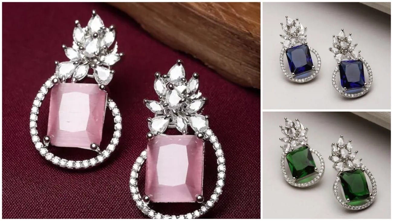 शादी, पार्टी और ऑफिस लुक के लिए बेहतरीन AD Earrings Design – Royal और Elegant स्टाइल 4 American Diamond Stud Earrings