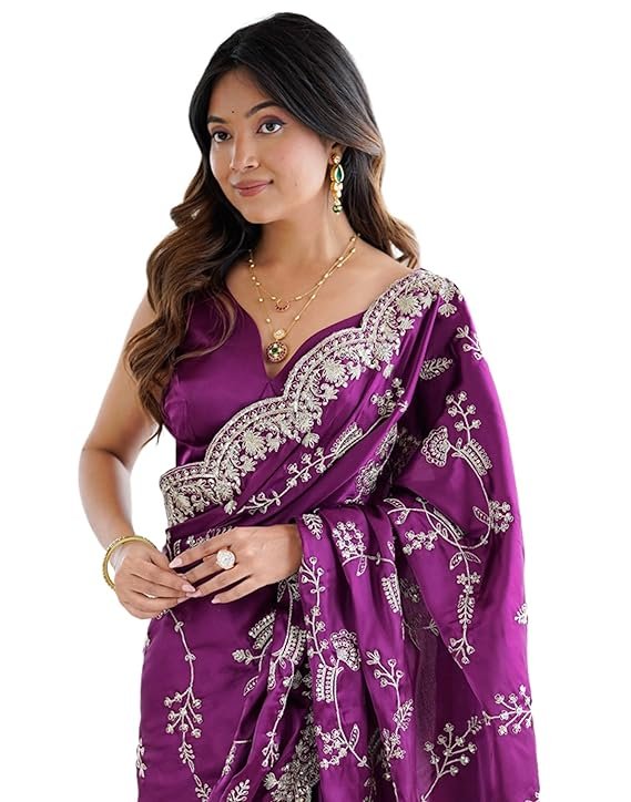 PURPLE Embroidery Satin Saree 