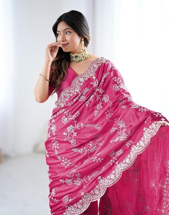 Women's Sequence Embroidery Satin Saree 