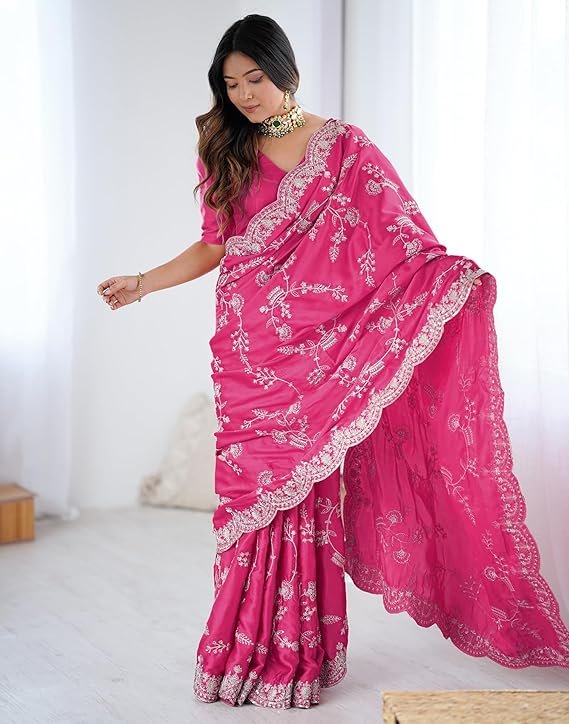 Women's Sequence Embroidery Satin Saree PINK 