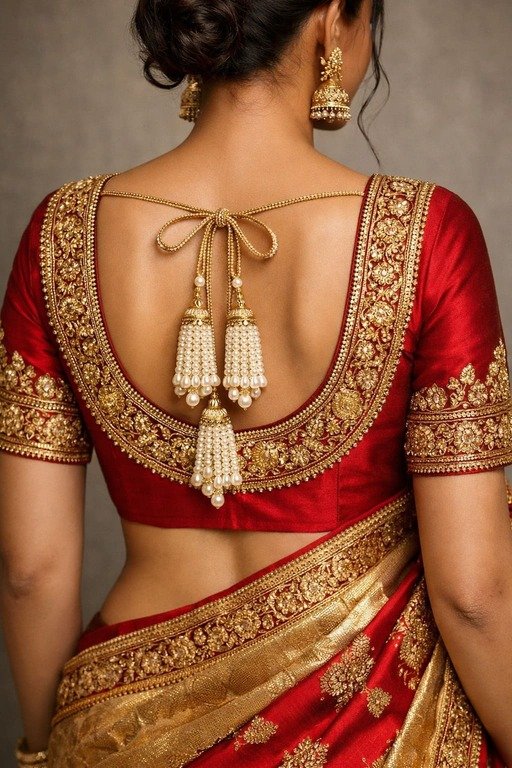 Deep U Back Blouse with Pearl Tassels