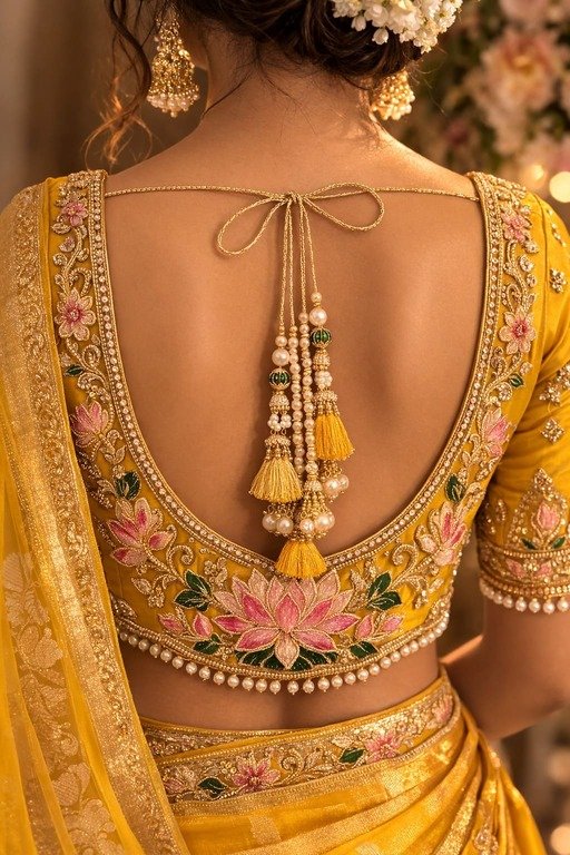 Lotus Floral Embroidery Bridal Blouse Designs