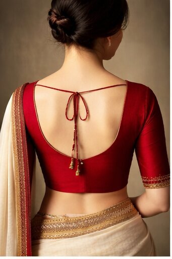 Red Blouse Back Designs: 9 Latest Red Blouse Back Designs for Brides and Festive Wear 7 Deep U-Back with Thin Dori Red Blouse Back Designs