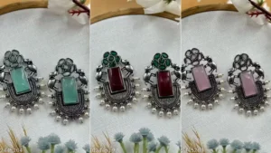 Silver Oxidized Stone Earrings Design