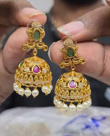 Traditional Jhumka Earrings with Kundan & Pearl Beads