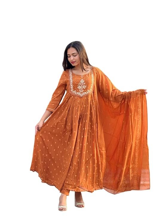 Cotton Embroidery Anarkali Kurti and Pant with Dupatta Set
