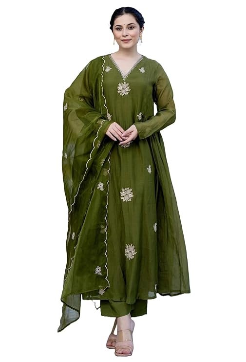 Embroidery Solid Anarkali Kurta and Pant Set