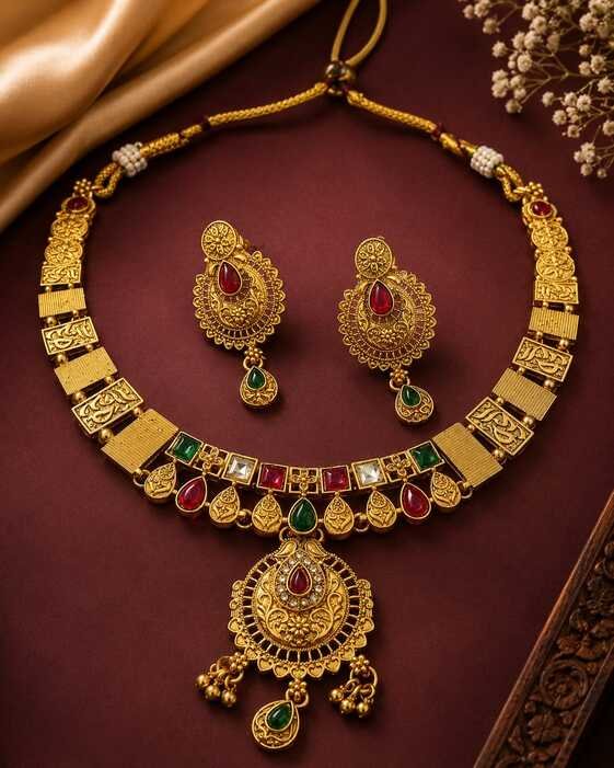 Necklace Set : 10 Stunning Golden Jewellery Set Designs to Elevate Your Royal Look 2026 Latest 9 Antique Multicolor Temple Jewellery Set