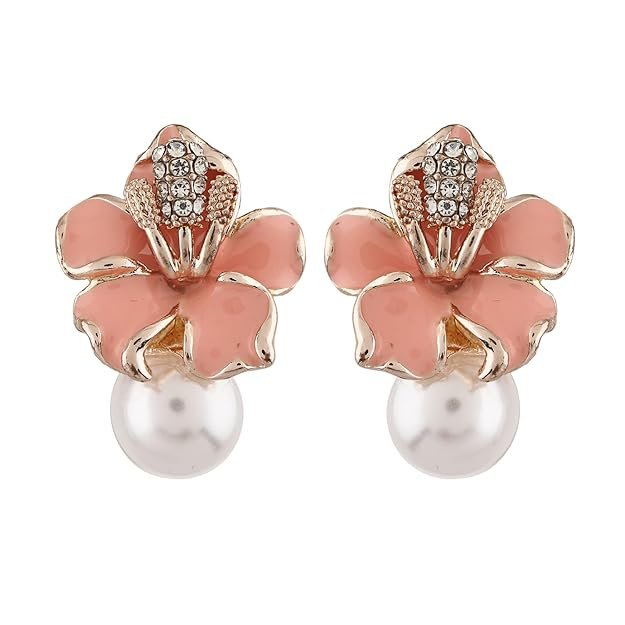 Gold Plated Crystal Pearl Stud Earrings for Women