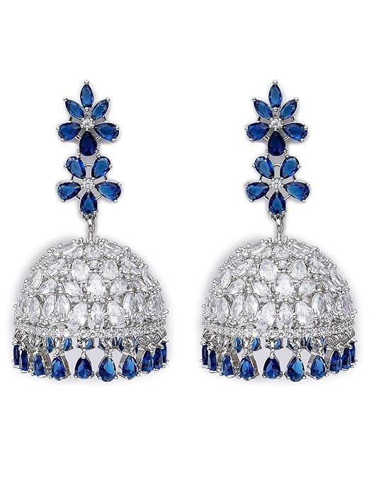 Silver Plated Blue American Diamond Studded Jhumki Earrings