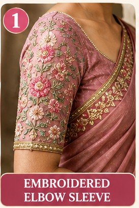 9 Stylish Blouse Sleeves Designs for Sarees 2026 latest 3 Embroidered Elbow Sleeve Design