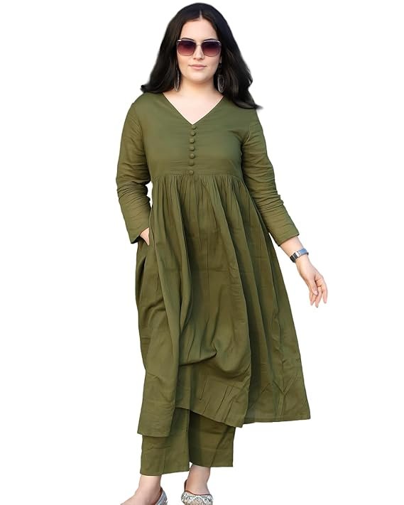 Kurti Designs: Beautiful Green Kurti Set for Sawan 2026 Celebrations 11 Women Long Flared V-Neck Kurta