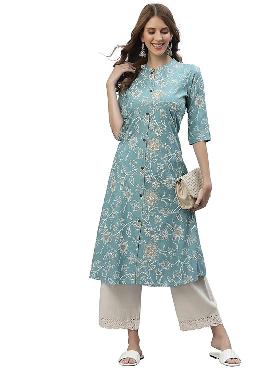Aqua Floral Printed Rayon A-Line Kurta