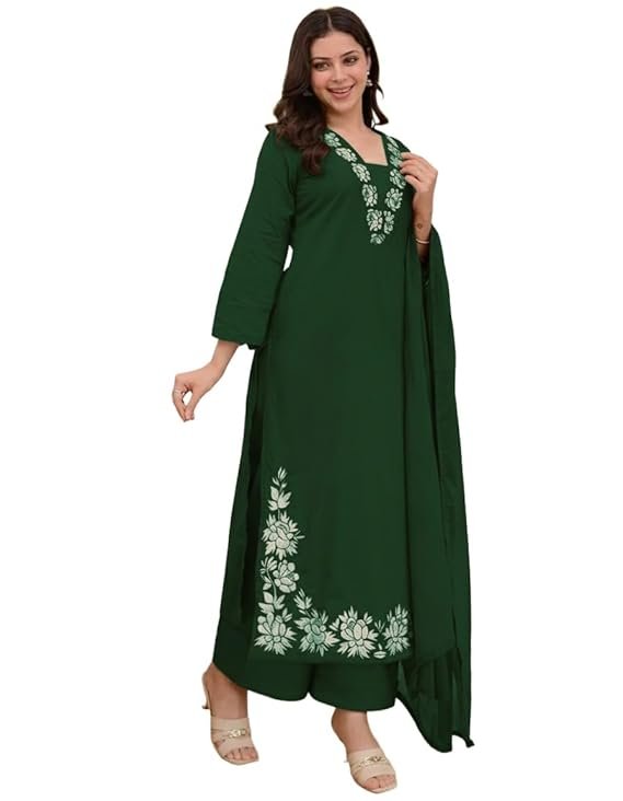 Kurti Designs: Beautiful Green Kurti Set for Sawan 2026 Celebrations 7 Cotton Embroidered Kurta Set for Women