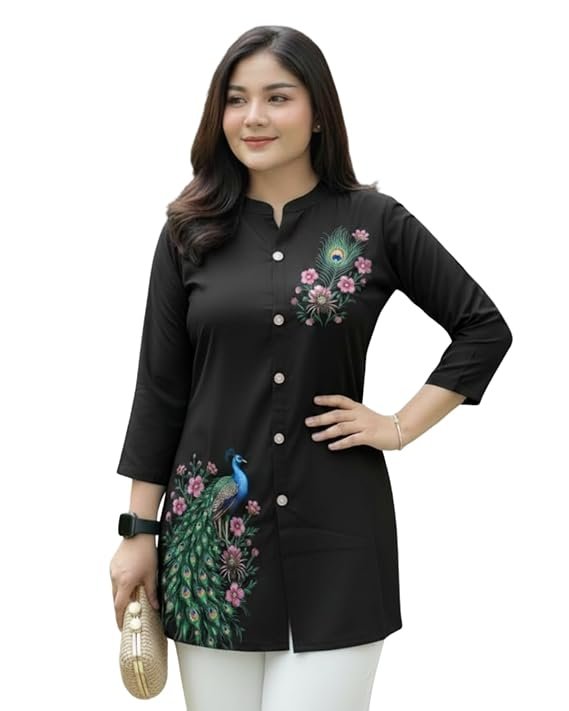  Rayon Peacock & Flower Print Short Kurti for Women