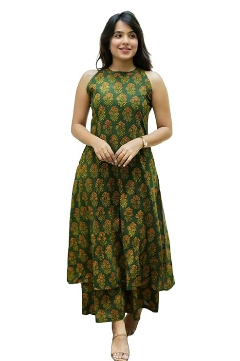 Kurti Designs: Beautiful Green Kurti Set for Sawan 2026 Celebrations 13 Sleeveless Printed Kurta with Palazzo Pants