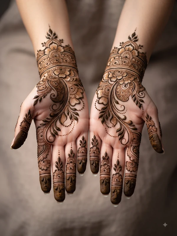 15 Beautiful Bridal Mehndi Designs for Full Hands 14 latest bridal mehndi designs for full hands featuring traditional, peacock, mandala, Arabic, jaali, floral, Rajasthani, Pakistani, and dulha dulhan patterns.