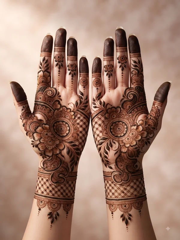 15 Beautiful Bridal Mehndi Designs for Full Hands 8 latest bridal mehndi designs for full hands featuring traditional, peacock, mandala, Arabic, jaali, floral, Rajasthani, Pakistani, and dulha dulhan patterns.