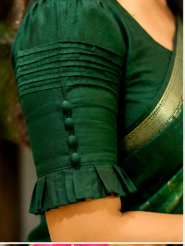 stylish blouse sleeve designs for sarees featuring puff, button, scalloped, pleated, criss-cross, bow, embroidered, and lace details.