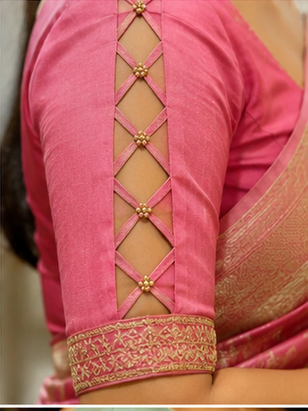stylish blouse sleeve designs for sarees featuring puff, button, scalloped, pleated, criss-cross, bow, embroidered, and lace details.