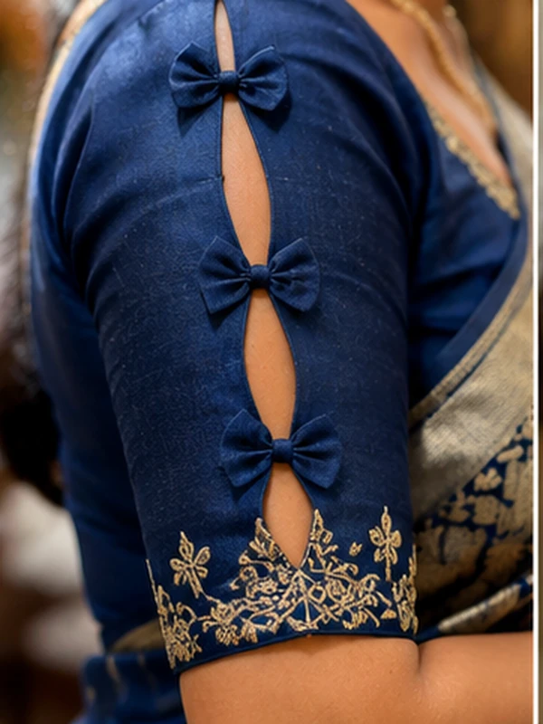 stylish blouse sleeve designs for sarees featuring puff, button, scalloped, pleated, criss-cross, bow, embroidered, and lace details.