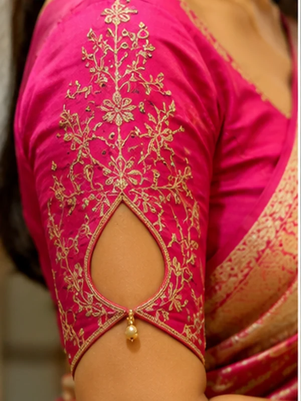 stylish blouse sleeve designs for sarees featuring puff, button, scalloped, pleated, criss-cross, bow, embroidered, and lace details.