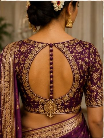 9 Beautiful Blouse Back Neck Designs for Hariyali Teej 2026 8 Beautiful Hariyali Teej blouse back neck designs with dori, tassels, embroidery, button, and lace-up patterns for festive saree styling.
