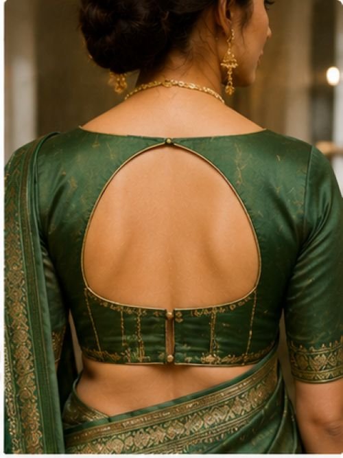 9 beautiful green blouse back designs featuring round dori, keyhole, lace-up, scalloped, ruffle, and criss-cross styles for sarees.
