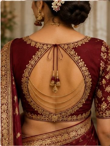 9 Beautiful Blouse Back Neck Designs for Hariyali Teej 2026 13 Beautiful Hariyali Teej blouse back neck designs with dori, tassels, embroidery, button, and lace-up patterns for festive saree styling.