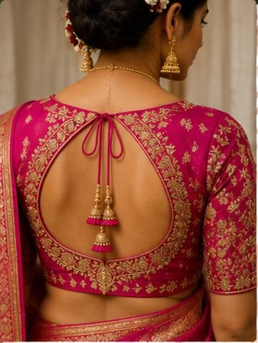9 Beautiful Blouse Back Neck Designs for Hariyali Teej 2026 5 Beautiful Hariyali Teej blouse back neck designs with dori, tassels, embroidery, button, and lace-up patterns for festive saree styling.
