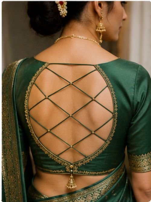 9 beautiful green blouse back designs featuring round dori, keyhole, lace-up, scalloped, ruffle, and criss-cross styles for sarees.