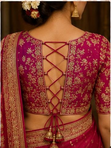 9 Beautiful Blouse Back Neck Designs for Hariyali Teej 2026 15 Beautiful Hariyali Teej blouse back neck designs with dori, tassels, embroidery, button, and lace-up patterns for festive saree styling.