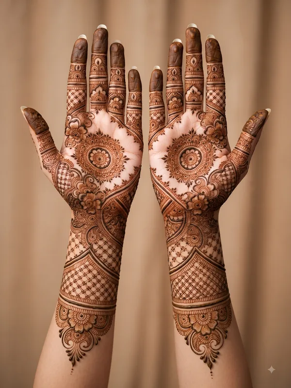 15 Beautiful Bridal Mehndi Designs for Full Hands 16 latest bridal mehndi designs for full hands featuring traditional, peacock, mandala, Arabic, jaali, floral, Rajasthani, Pakistani, and dulha dulhan patterns.