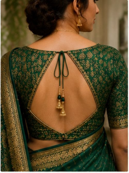 9 beautiful green blouse back designs featuring round dori, keyhole, lace-up, scalloped, ruffle, and criss-cross styles for sarees.