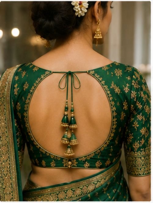 9 beautiful green blouse back designs featuring round dori, keyhole, lace-up, scalloped, ruffle, and criss-cross styles for sarees.