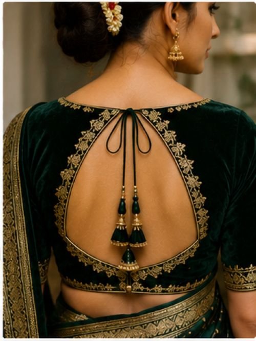 9 beautiful green blouse back designs featuring round dori, keyhole, lace-up, scalloped, ruffle, and criss-cross styles for sarees.