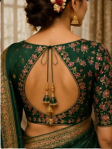 9 Beautiful Blouse Back Neck Designs for Hariyali Teej 2026 7 Beautiful Hariyali Teej blouse back neck designs with dori, tassels, embroidery, button, and lace-up patterns for festive saree styling.