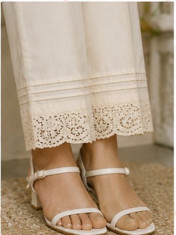 Trousers Designs: 9 Stylish Pant Mohri Designs for Women to Try in 2026 12 9 stylish pant mohri designs featuring scalloped lace, layered cutwork, pleated cuffs, diamond lace, V-cut pleats, pintuck lace, floral lace, and chevron cuts.