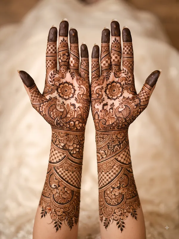 15 Beautiful Bridal Mehndi Designs for Full Hands 17 latest bridal mehndi designs for full hands featuring traditional, peacock, mandala, Arabic, jaali, floral, Rajasthani, Pakistani, and dulha dulhan patterns.
